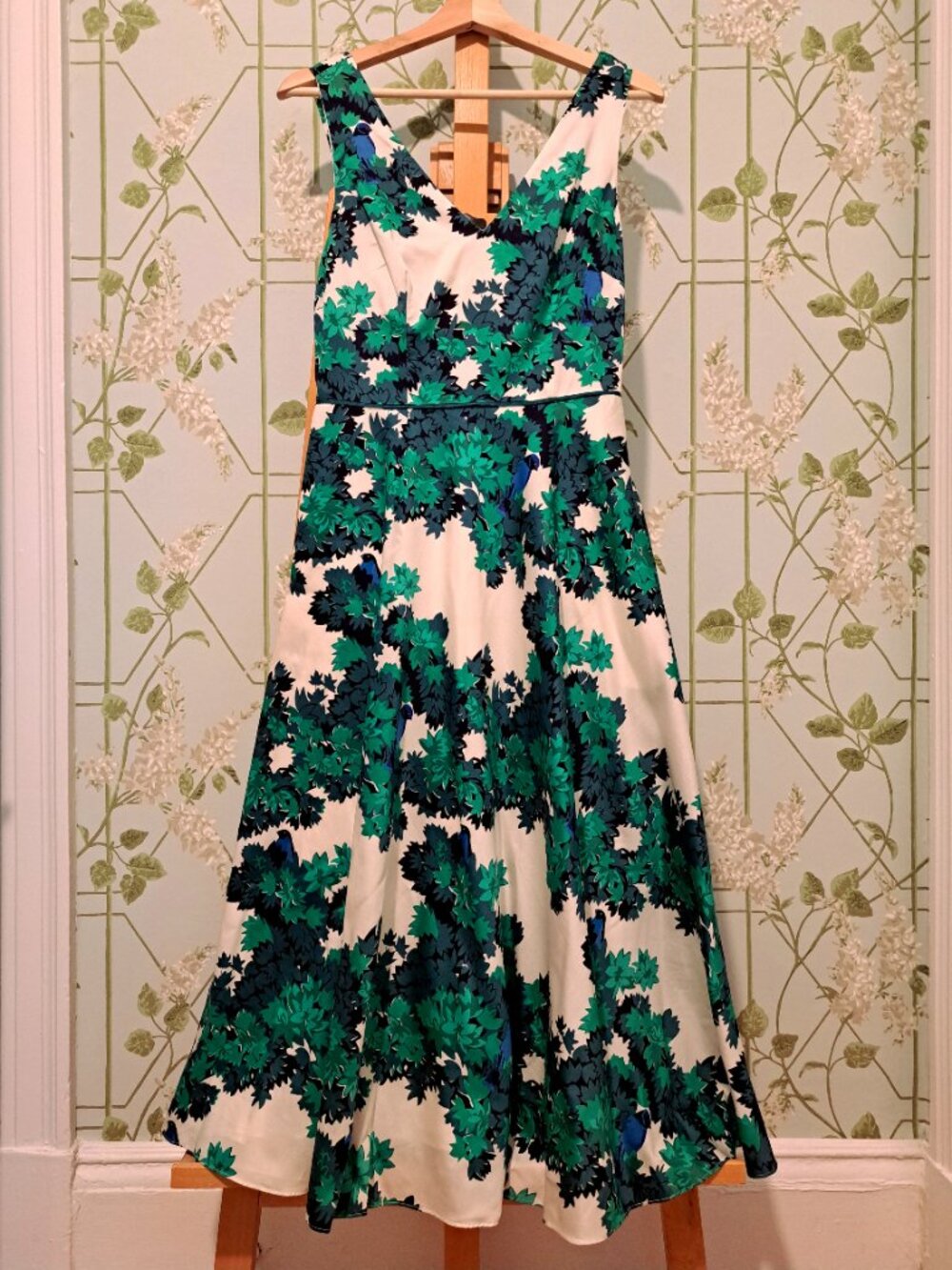 Boden Sundress With Green Foliage and Bluebirds
